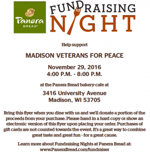 Chapter 25 fundraiser at Panera Bread, 3416 University Ave., Madison, on Tuesday, November 29 from 4-8 pm. Up to 20% of the proceeds of sales made with the attached flyer will be donated to Chapter 25. Bring the flyer for us to get proceeds of their sales.